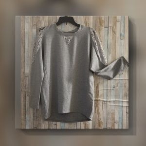 gray top with lace